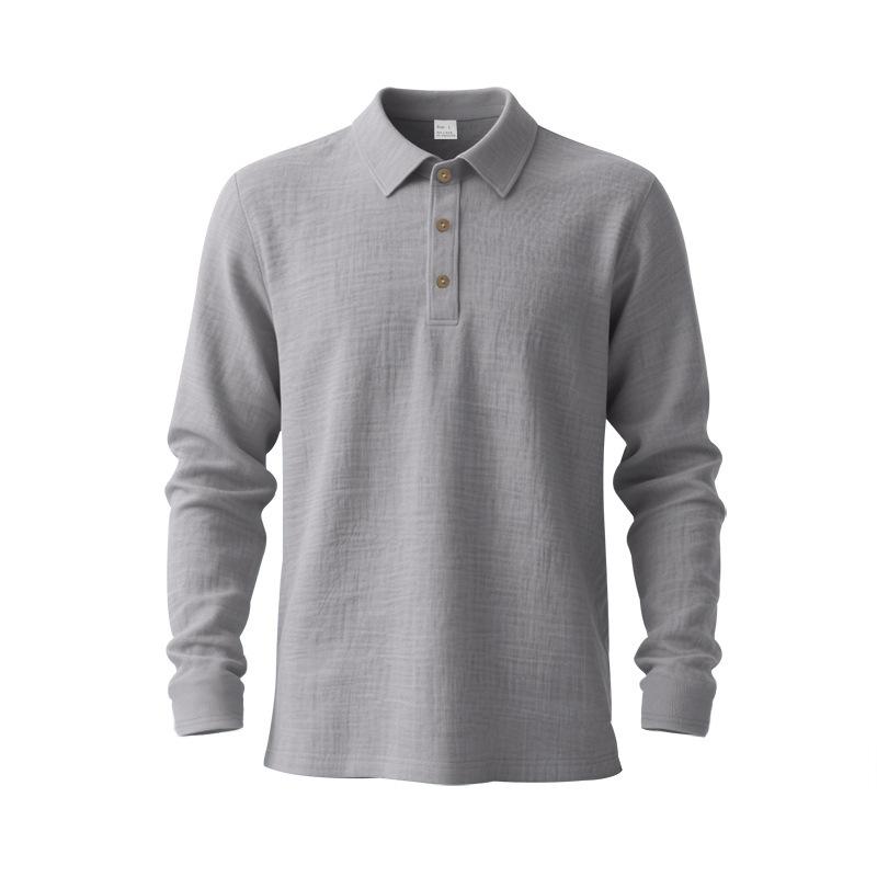 Spring Loose-Fit Solid-Colour Collared Casual Business Men's Long-Sleeved Linen Polo Shirt