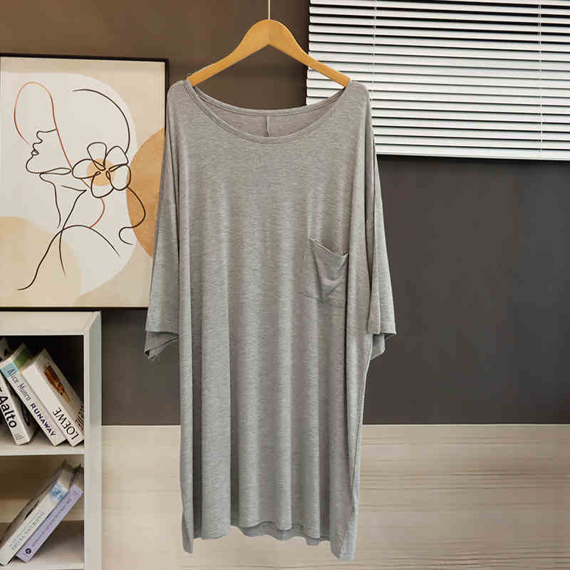 

Low Round Neck Short-sleeved T-shirt for Women Summer Loose Mid-length Loose Drape Pocket Breathable Nightgown Top L сірий колір