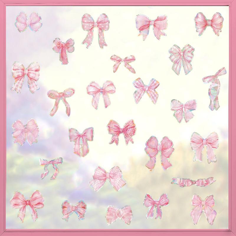 Pink Bow Holographic Window Stickers, Boho Iridescent Glass Decals for Girls Bedroom, Rainbow Window Clings for Bedroom and Shop Window Decor