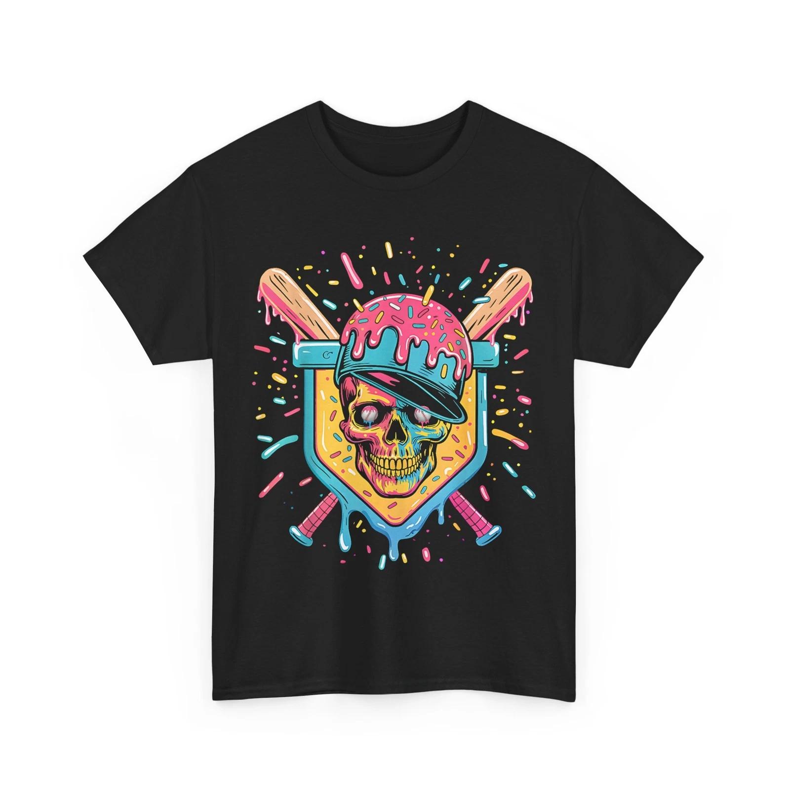 Baseball T shirt, Baseball Home Plate Drip Ice Cream Skull Women Men Funny Shirt 3XL