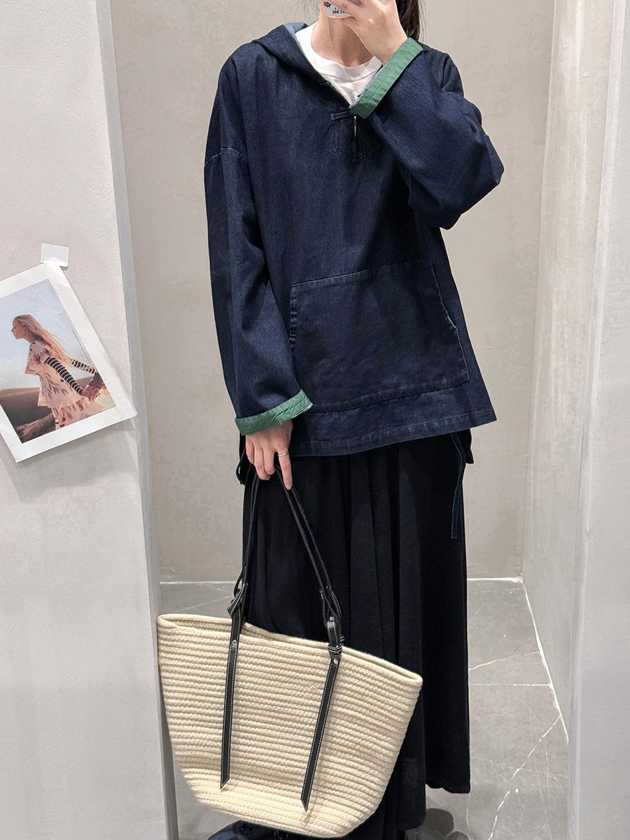 

PLUS Suye Designer Trendy Chinese Style Frog Button Hooded Denim Sweatshirt S-M (suitable for 45-64 kg) джинсовий синього кольору