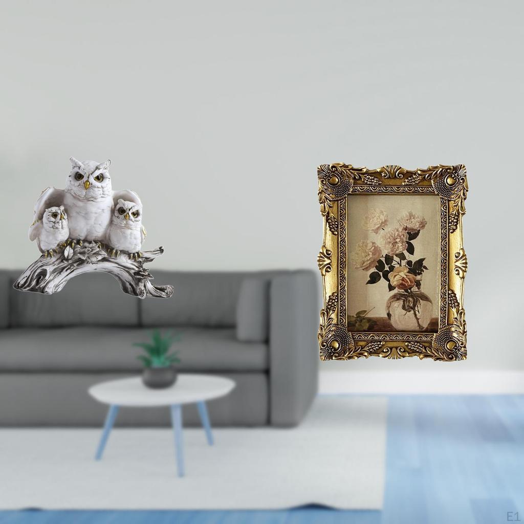 Modern Owl Sculpture And Ornate Vintage Photo Frame Tabletop Ornament for Living Room Office Cabinet