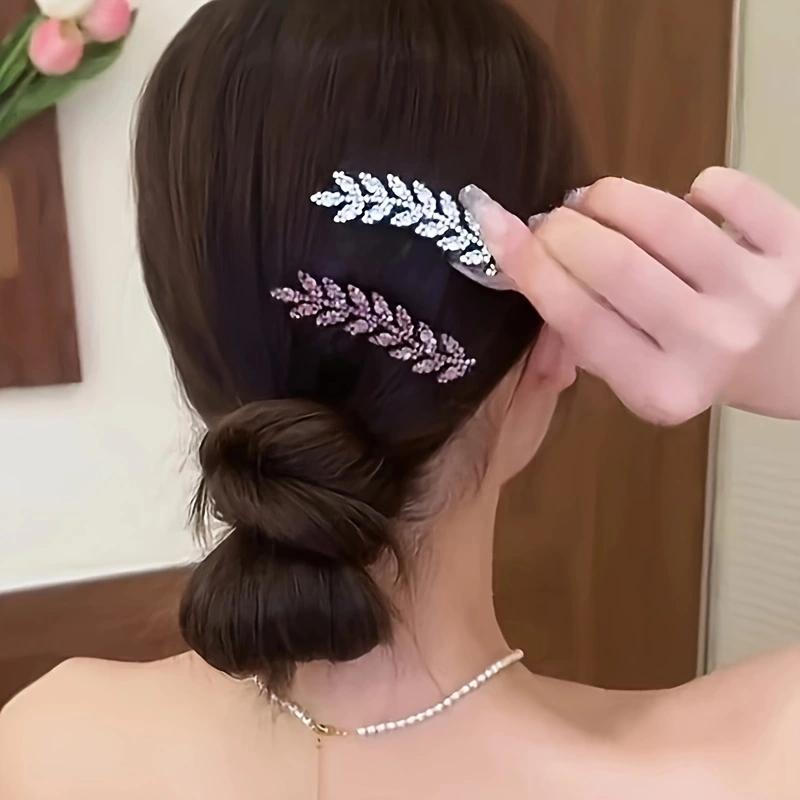 2PCS Fashion Of Sparkling Rhinestone Wheat Ear Leaf Duckbill Hair Clip,Exquisite Side Clip With a Straight Clip Hair Accessories