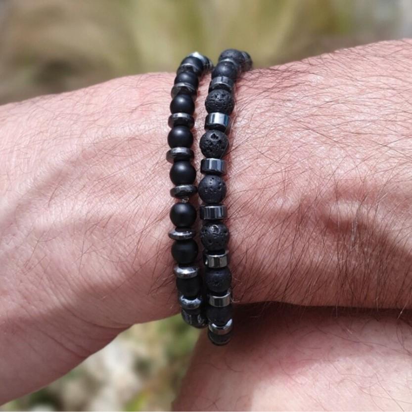 Neu Matt Schwarze Perle Vulkangestein Herren Armband Set Doppellagig Naturstein Perlenarmbänder Geschenke