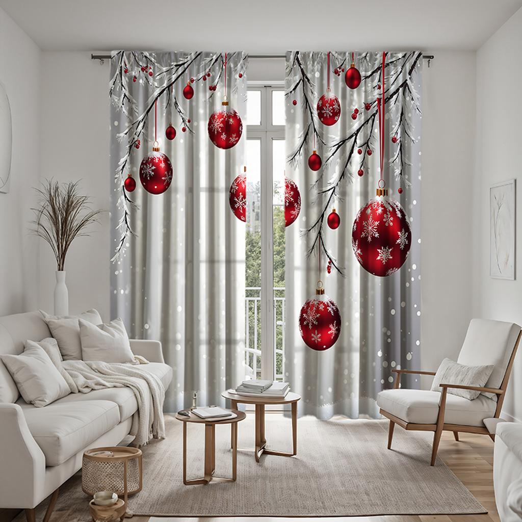 2 stücke HD Weihnachten Schnee szene rot drop ball dekorative vorhang weiße krawatte digital gedruckt vorhang Hause dekoration stil decorat