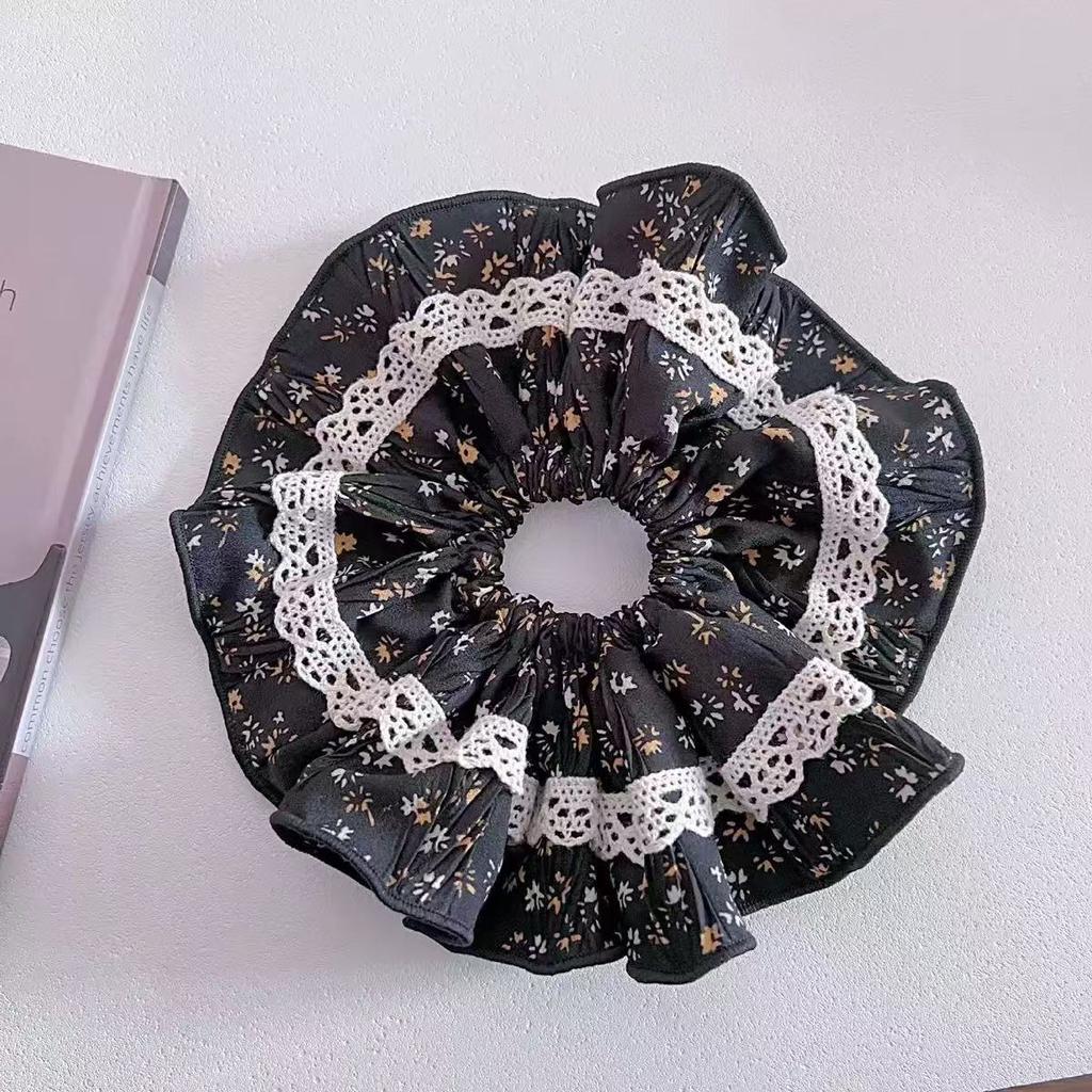 1pc Korean style pastoral temperament lace edge pleated hair tie, floral high elasticity ponytail and bun hair accessories