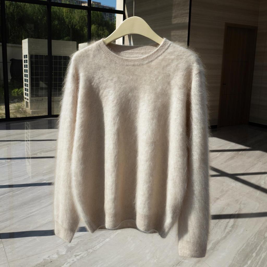 Women's 100% Pure Goat Cashmere Flocked Round Neck Sweater - Long Sleeve Solid Color Pullover
