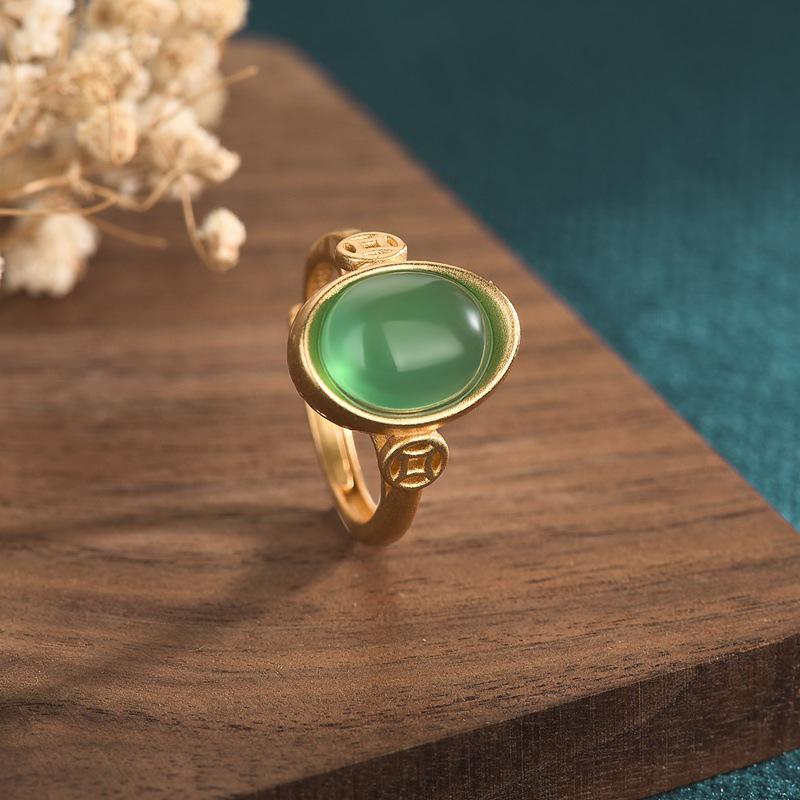 

Retro Chinese Style Gold-Plated Ring with Green Chalcedony Inlay Adjustable Open Size