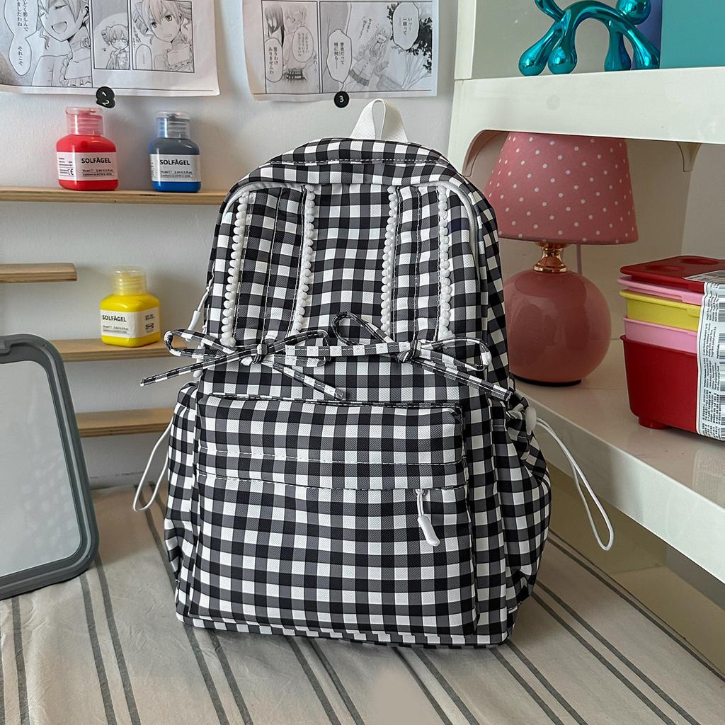 Schoolbag Fresh Light Blue Plaid Bow Girl Heart Backpack Primary School Students Literature Class Shopping Travel Versatile Schoolbag
