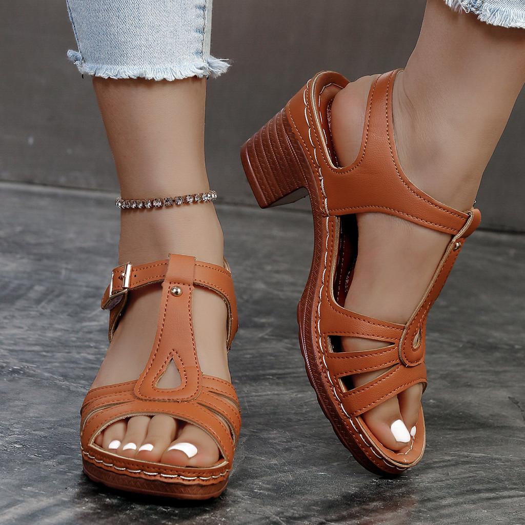 Womens Open Toe Chunky Heels Sandals With Pu Upper And Rubber Sole For Summer Casual Wear