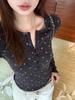Women's Autumn/Winter Floral Henley Slim Fit Long Sleeve Top