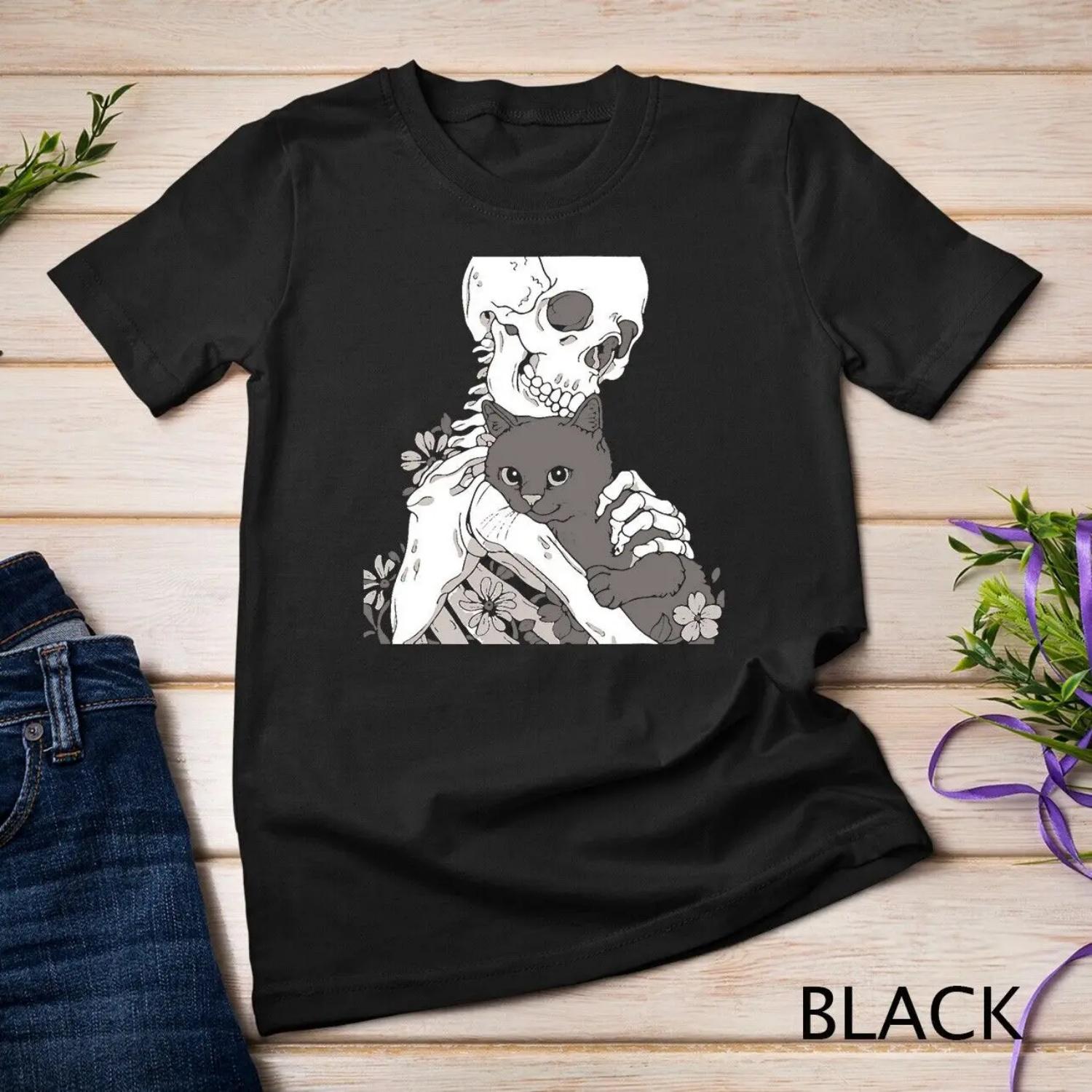 Skeleton Holding A CaT T Shirt Lazy Halloween Costume Skull S