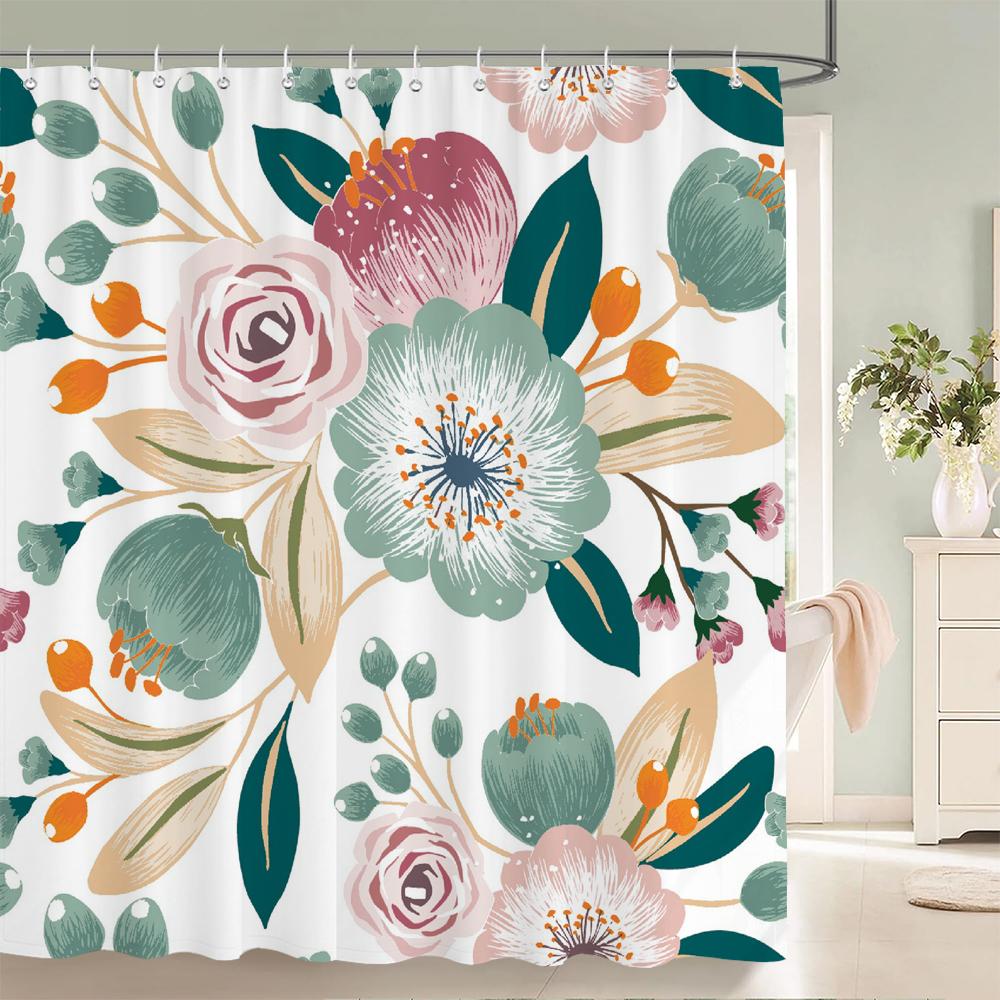 

Beautiful Flowers Shower Curtain Butterfly Birds Printed Bathroom Curtains Polyester Fabric Home Decor Bathtub Screen with Hooks W90xH180cm