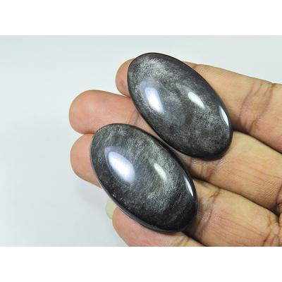 42-43MM AAA Gümüş Obsidyen Oval Taş 2 Adet Kaboşon Gevşek Değerli Taş 92 Karat. SK-4118