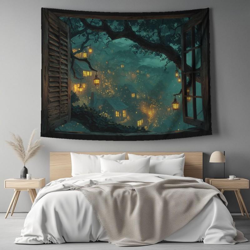 Magic Forest Tapestry Green Sparkling Gold Fantasy Natural Aesthetics Wall Hanging Bedroom Room Home Decoration