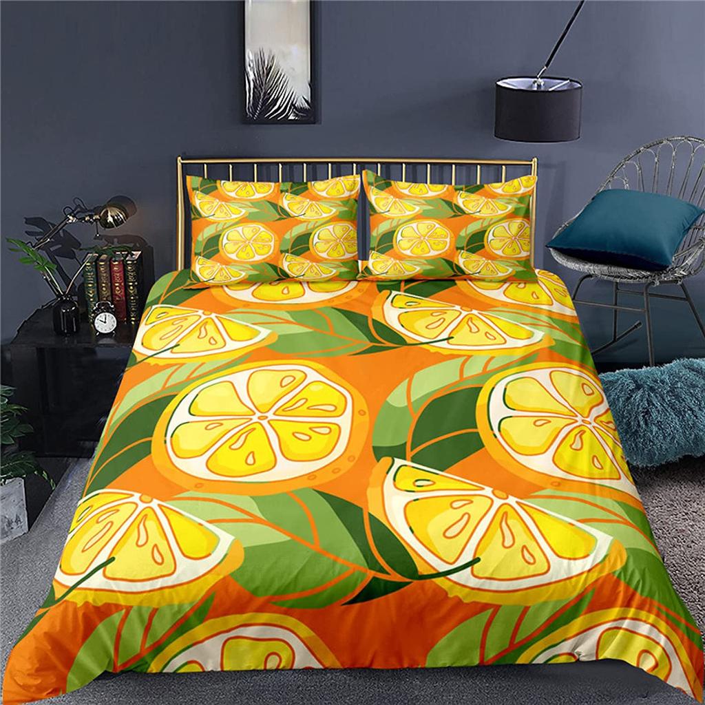 Lemon Duvet Cover Set Fresh Fruits Pattern Polyester Comforter Cover King Queen Twin Full Size For Kids Teens Adults Bedding Set