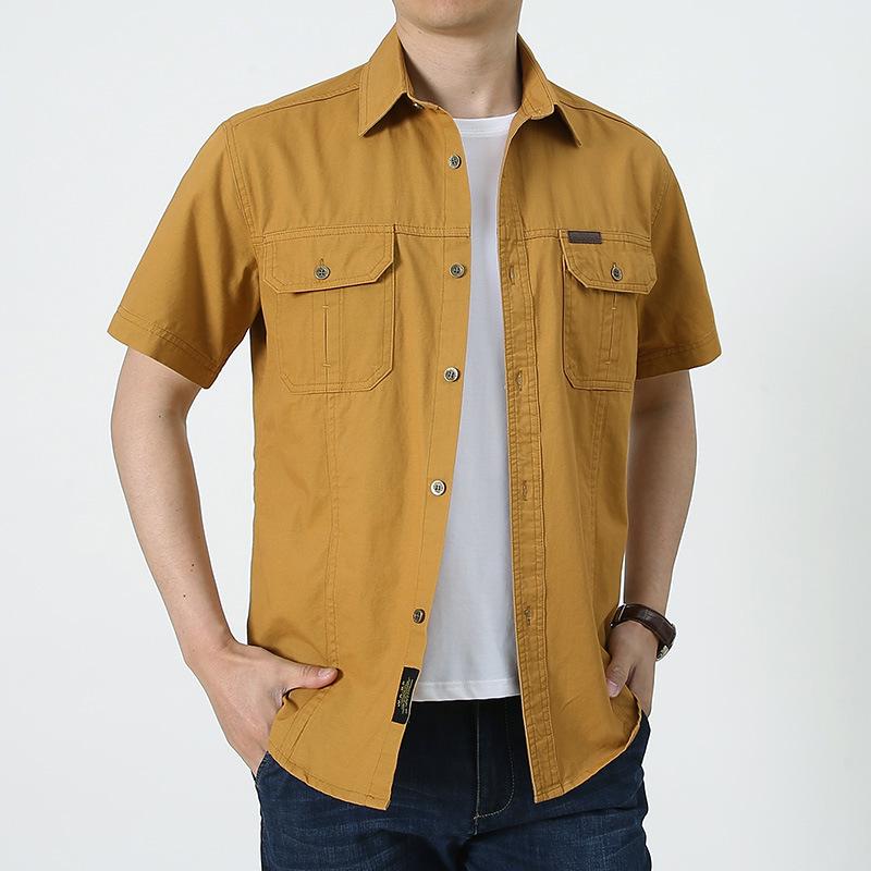 2024 Men's Casual Cotton Military Shirt - Washed, Thin, Loose Short Sleeve