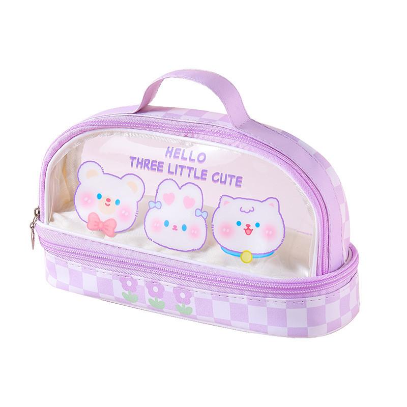 Cartoon Bunny Double Layer Transparent Pen Case With Storage For Students And Gift Use
