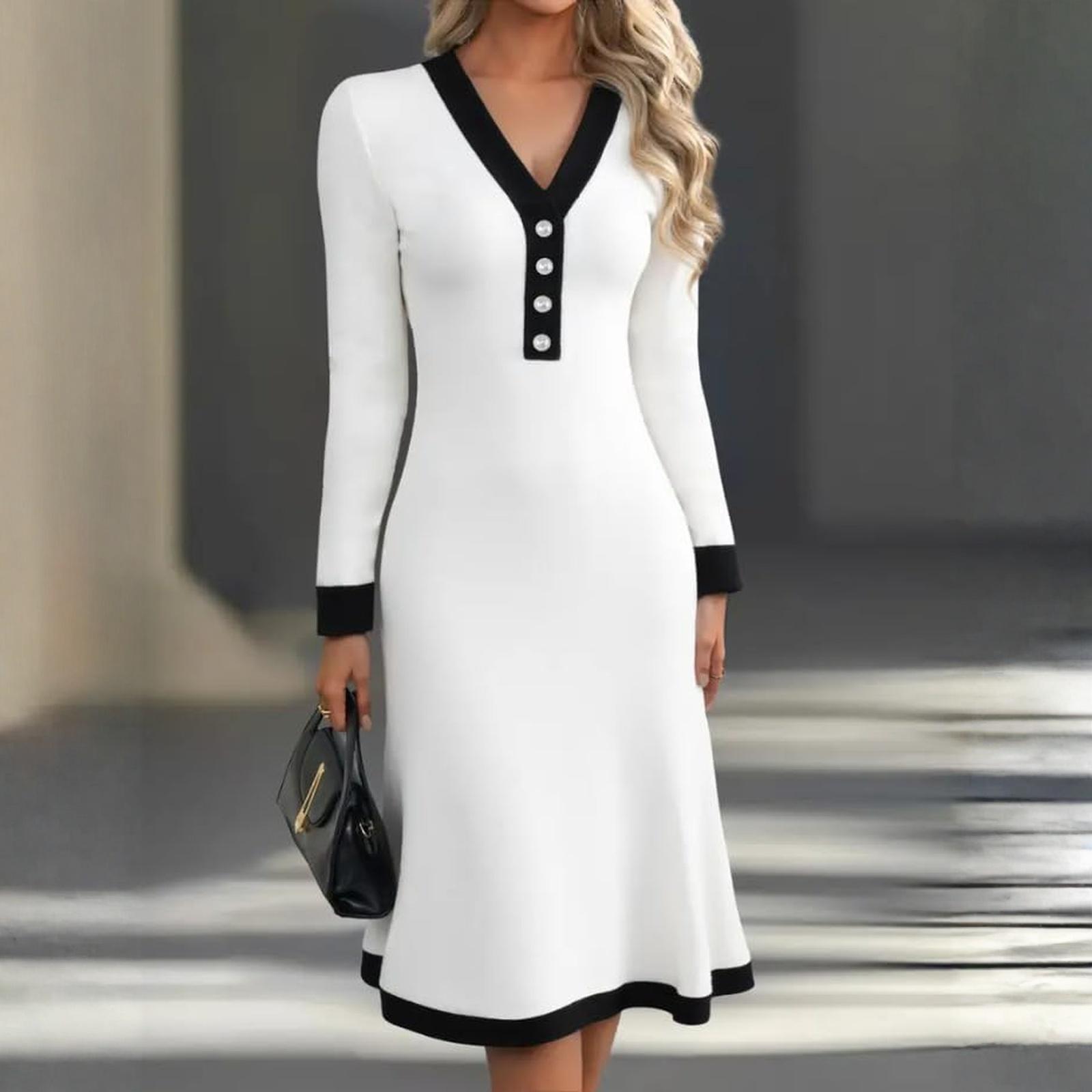 

Женское элегантное двухцветное миди-платье с V-образным вырезом для работы XXL белый