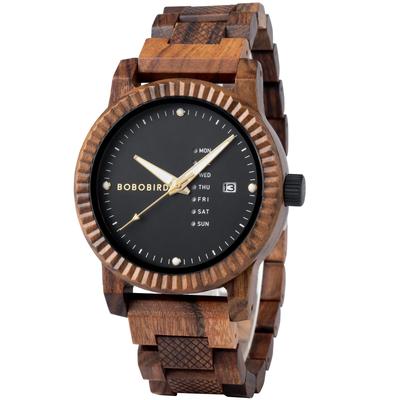 BOBO BIRD Men's Wooden Analog Quartz Watch with Day Calendar Display, Lightweight, Handmade Wooden Men's Wristwatch (Black)