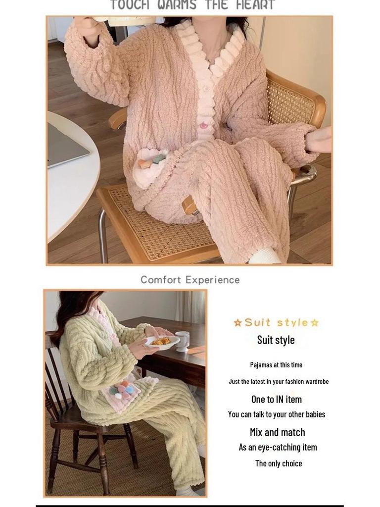 Set Pijama Coral Fleece de Toamnă/Iarnă pentru Femei - Halat de Baie Lung de Catifea și Cămașă de Noapte