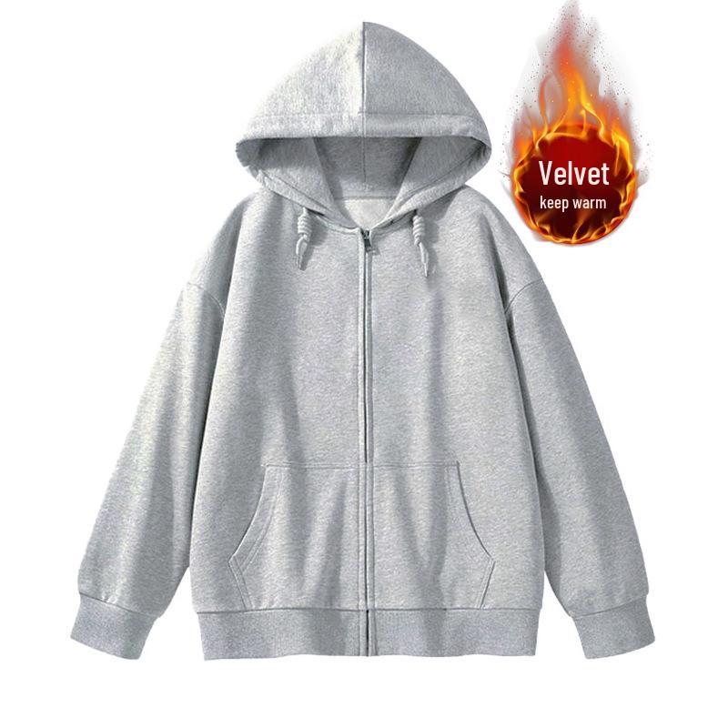Felpa con cappuccio e zip foderata in pile da donna - Stile coreano pigro, Cardigan spesso per la primavera e l'autunno 2024.