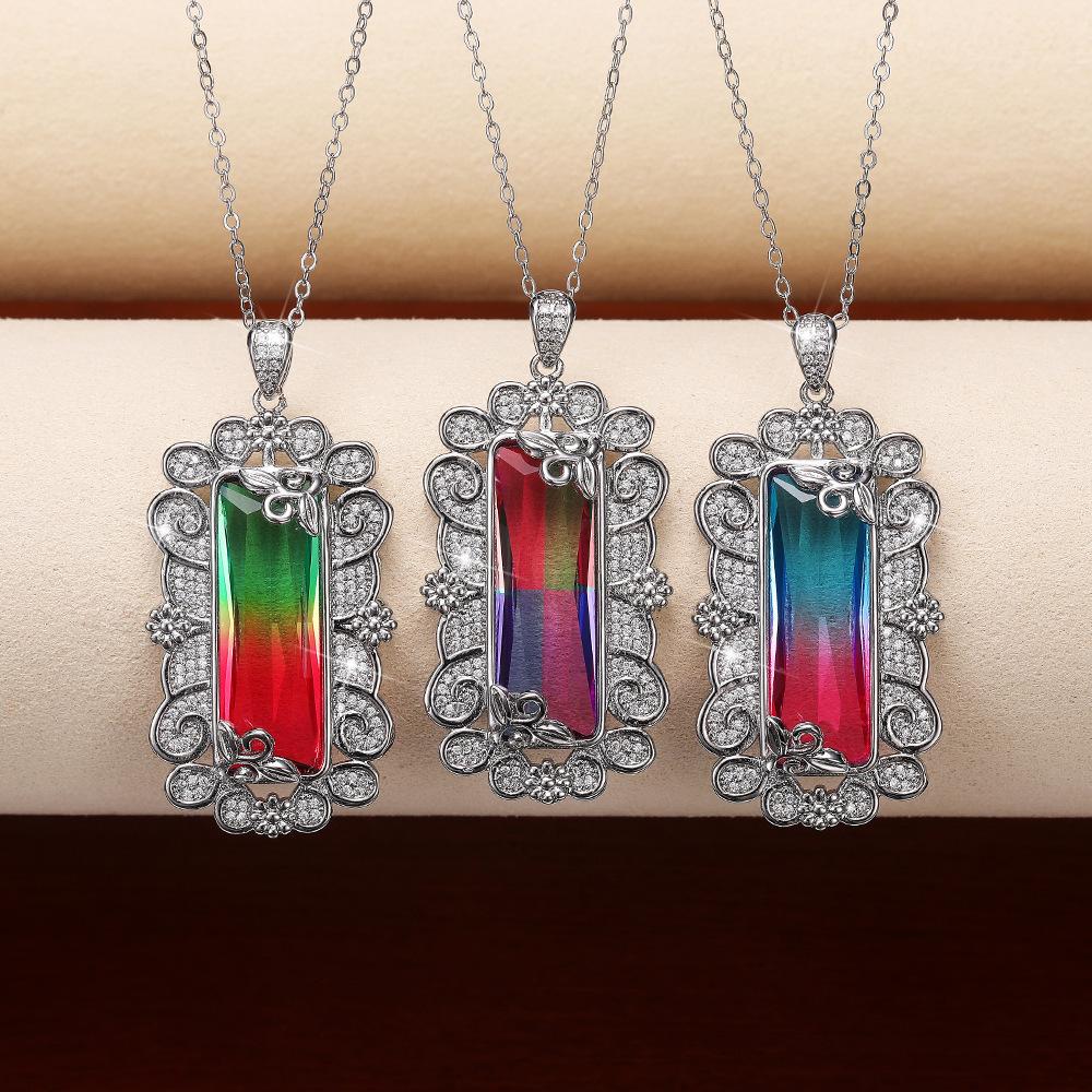 Silver Plated Rectangle Gradient CZ Pendant Necklace, Ornate Floral Frame Cable Chain Necklace for Women