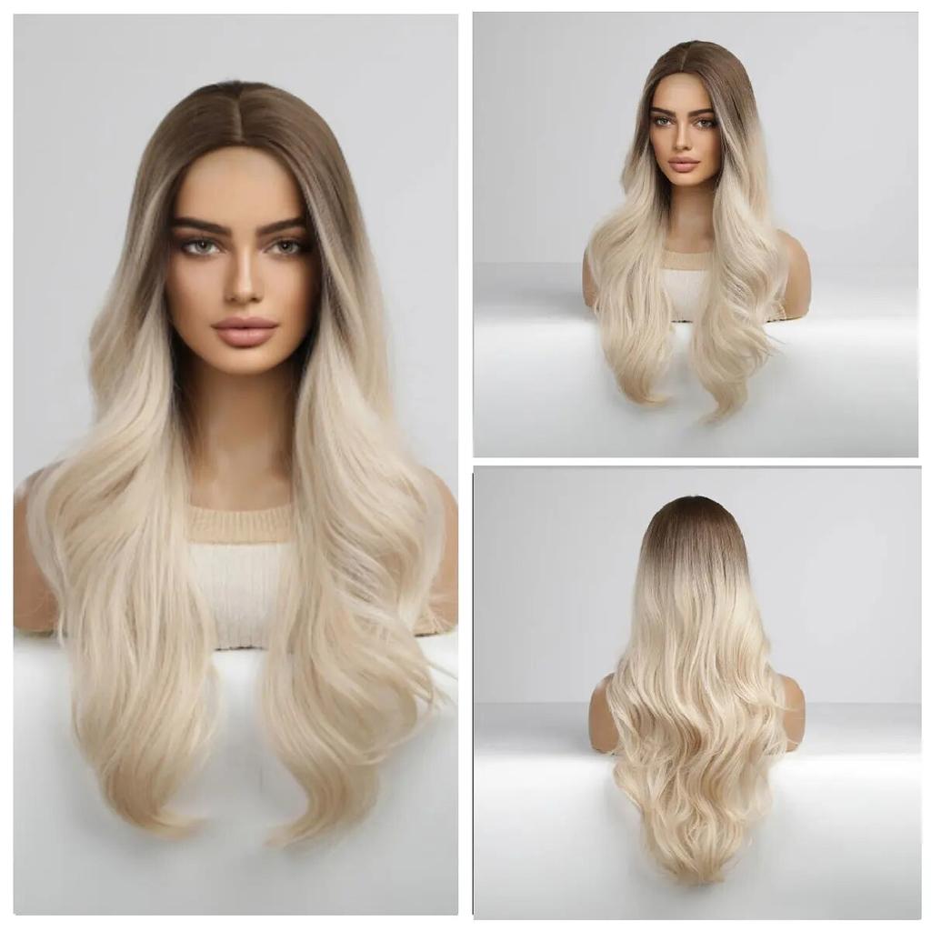 Μακριές καφέ Ombre συνθετικές περούκες για γυναίκες Φυσικά μαλλιά κυματιστές περούκες μεσαίου μέρους Γυναικεία περούκα Cosplay ανθεκτικές στη θερμότητα περούκες από ίνες