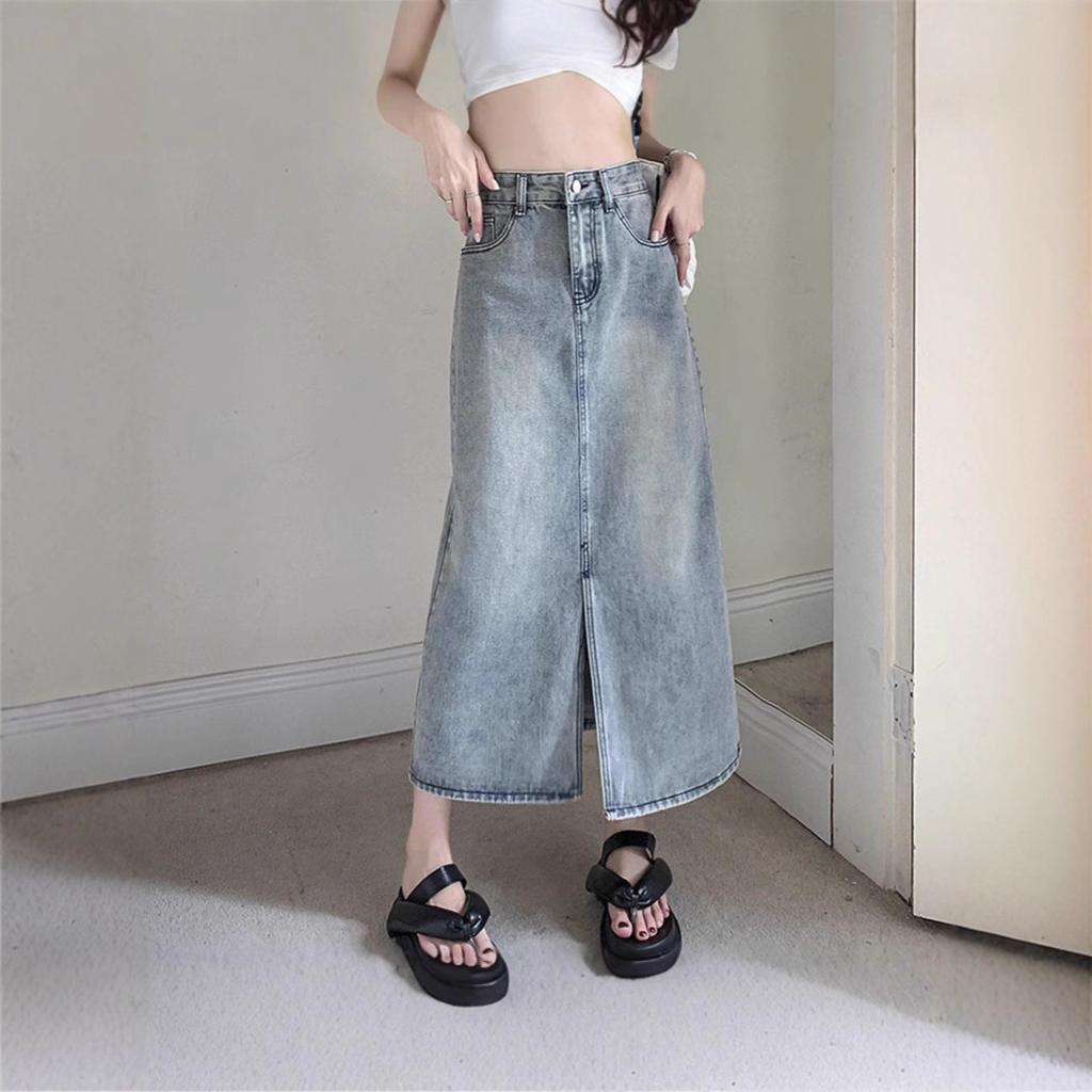 Retro Slit Denim Skirt for Women In Autumn New Mid-length High-waisted Slimming Elastic Waist A-line Skirt