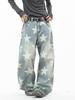 American Retro Washed Star Printed Straight Jeans Men and Women Loose Wide Legs Niche Design Street Trousers