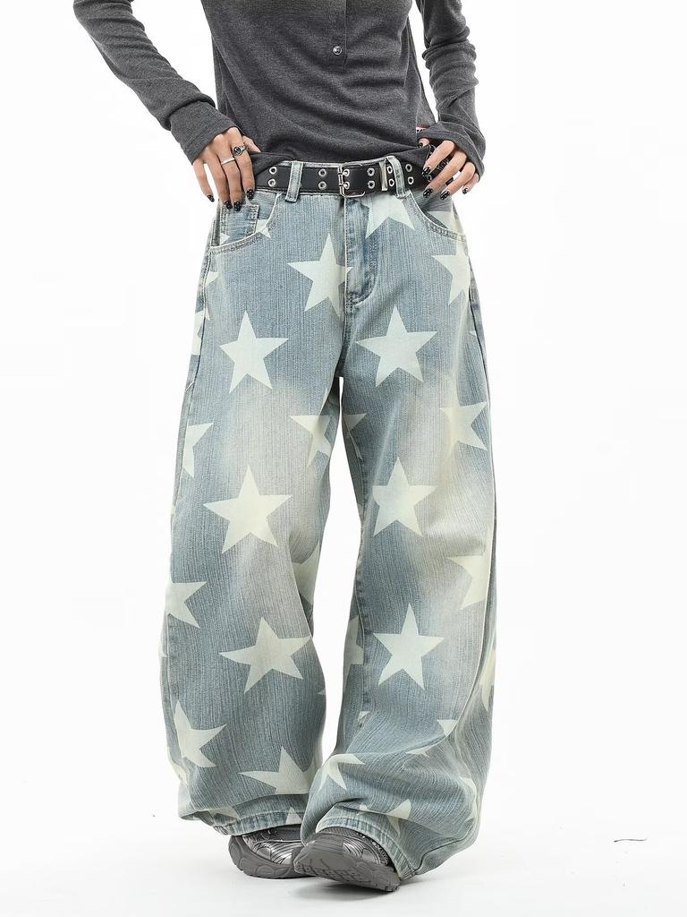 American Retro Washed Star Printed Straight Jeans Men and Women Loose Wide Legs Niche Design Street Trousers
