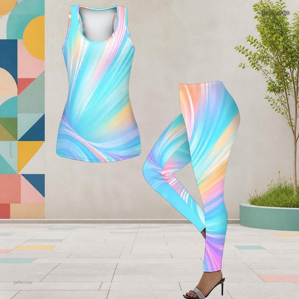 Women Plus Size Two Piece Set Scoop Neck Sleeveless Longline Tank Top Fitted Colorful Printed Pants