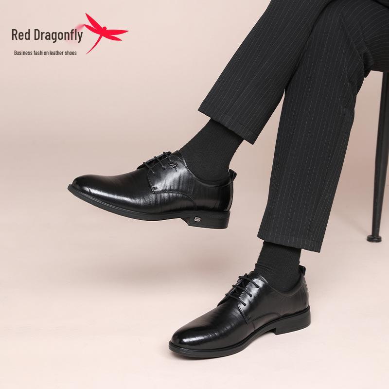 Red Dragonfly Men's Genuine Leather Business Formal Shoes - Comfortable Autumn/Winter Wedding Cowhide Shoes