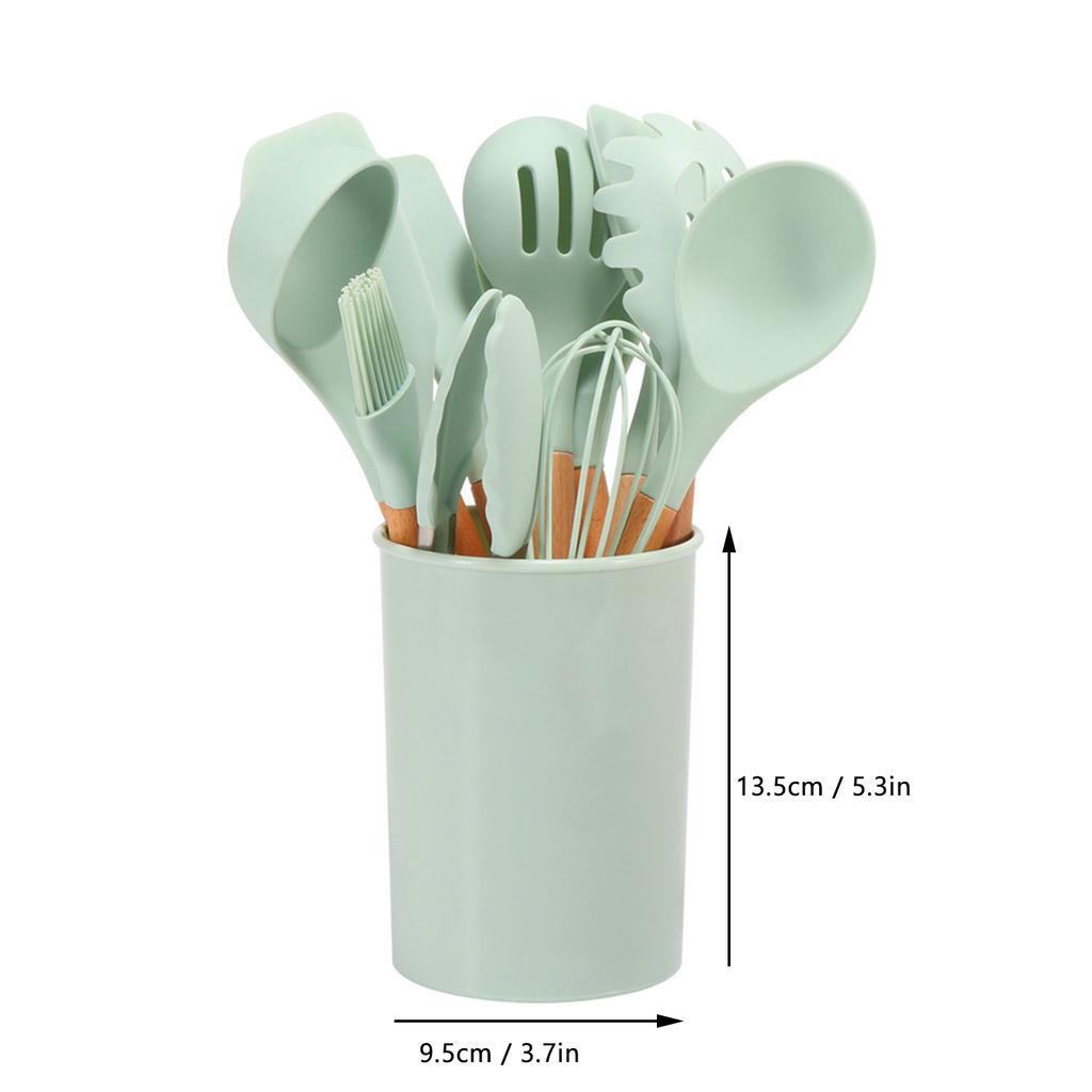 11 Pcs Silicone Kitchenware Set Heat Proof Wooden Handle Kitchen Utensils Set with Storage Bucket