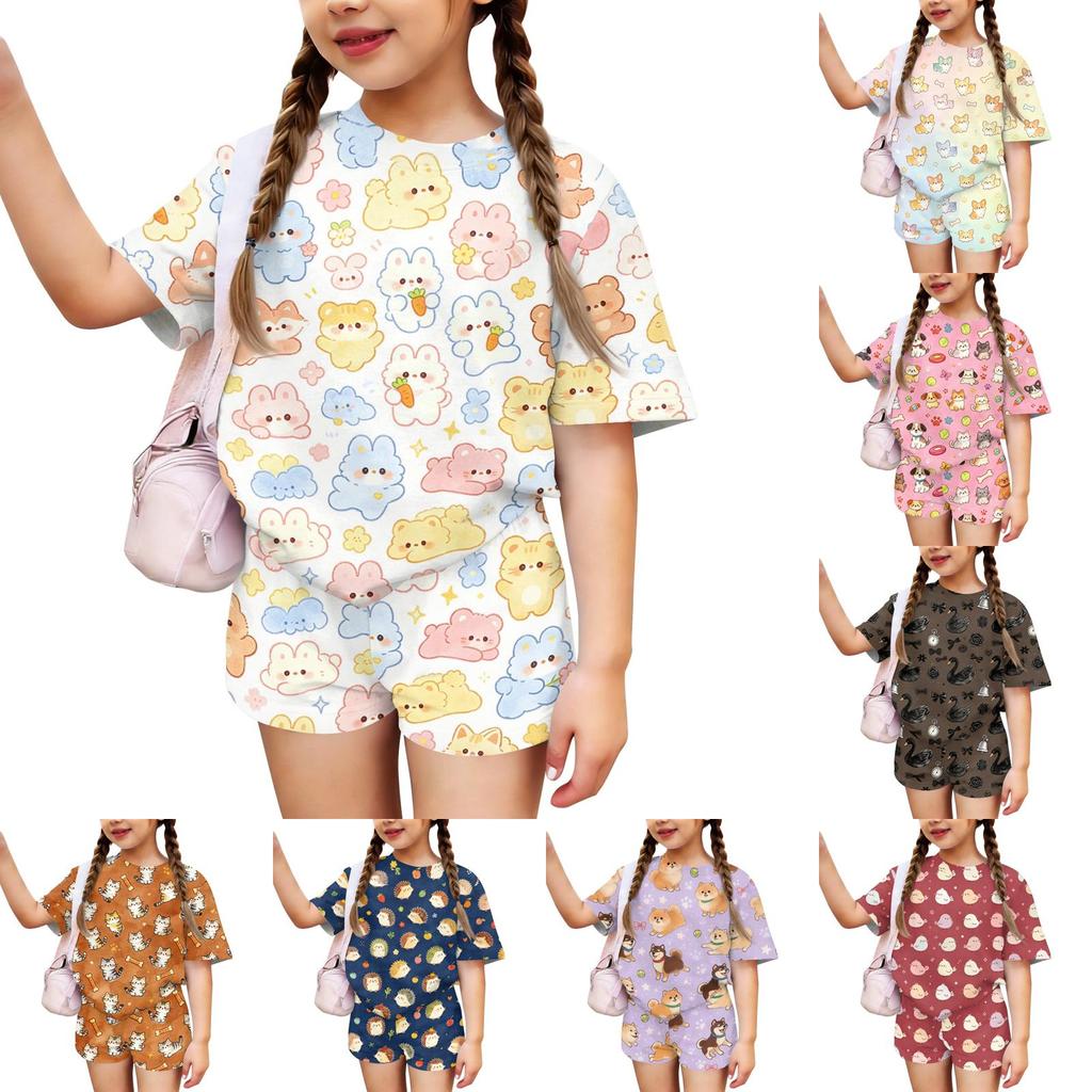 Kids Casual Short Sleeve Shirt and Shorts Set Animal Print Two Piece Outfit Lightweight Comfortable Summer Wear for Boys and Girls