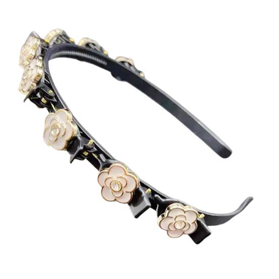 Women Headband Imitation Pearl Flower Decor Double Layer Hair Hoop Stable Non-Slip Hair Braiding Tool