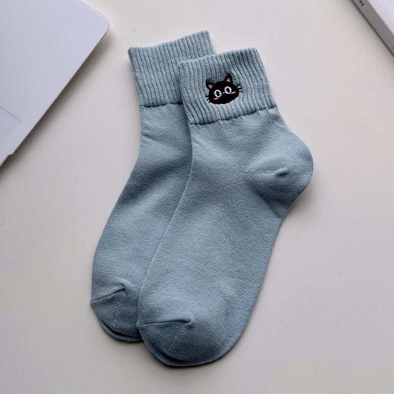 Cartoon Embroidered Kitten Ankle Socks - Summer and Spring Odor-resistant and Sweat-absorbent Pure-color Cotton Women's Socks