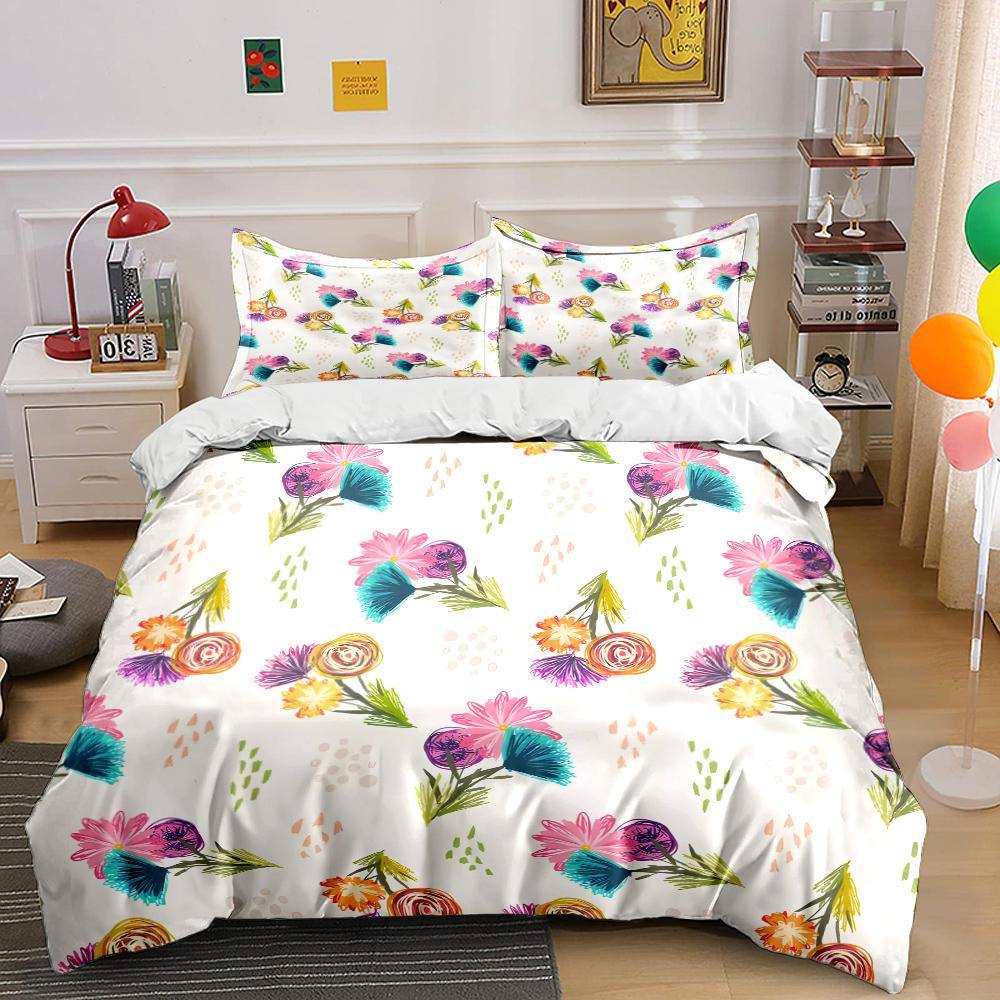 Hand-Drawn Colorful Floral Pattern Print Bedding Set 1 Duvet Cover 2 Pillowcases For Adult And Children Luxury Gift Full Size