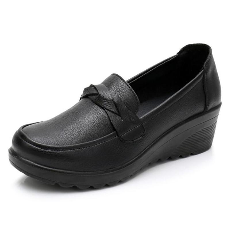 Spring Autumn Women's Single Shoes Loafers Wedges Soft Sole Comfortable Large Size Mother's Leather Mid-heel Pumps
