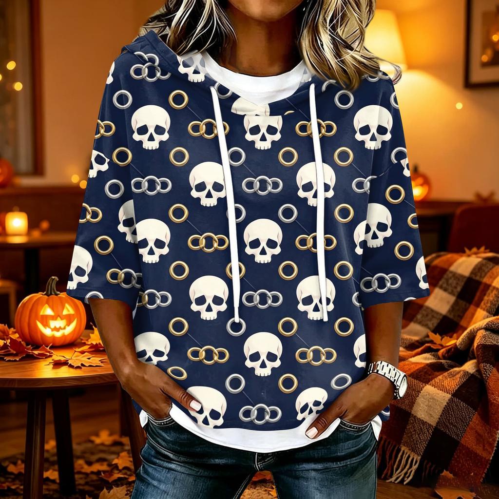 Women's Halloween Printed Hooded 3/4 Sleeve Casual Loose Fit Pullover