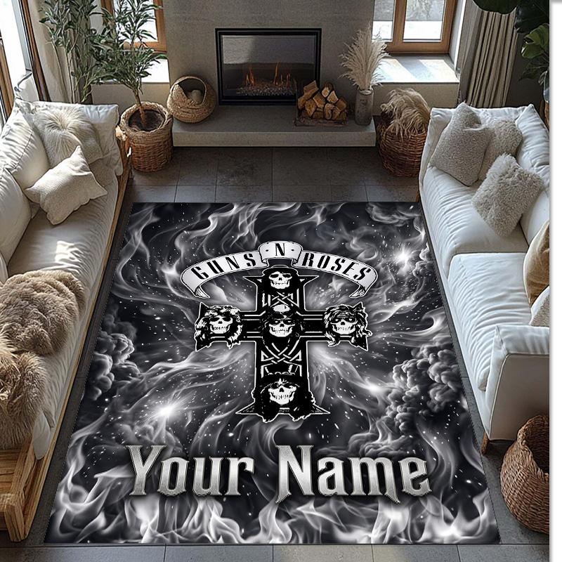 Guns N’ Roses Crystal Velvet Rug, Custom Name Text Personalized Non‑Slip Floor Mat for Home Decor Gift