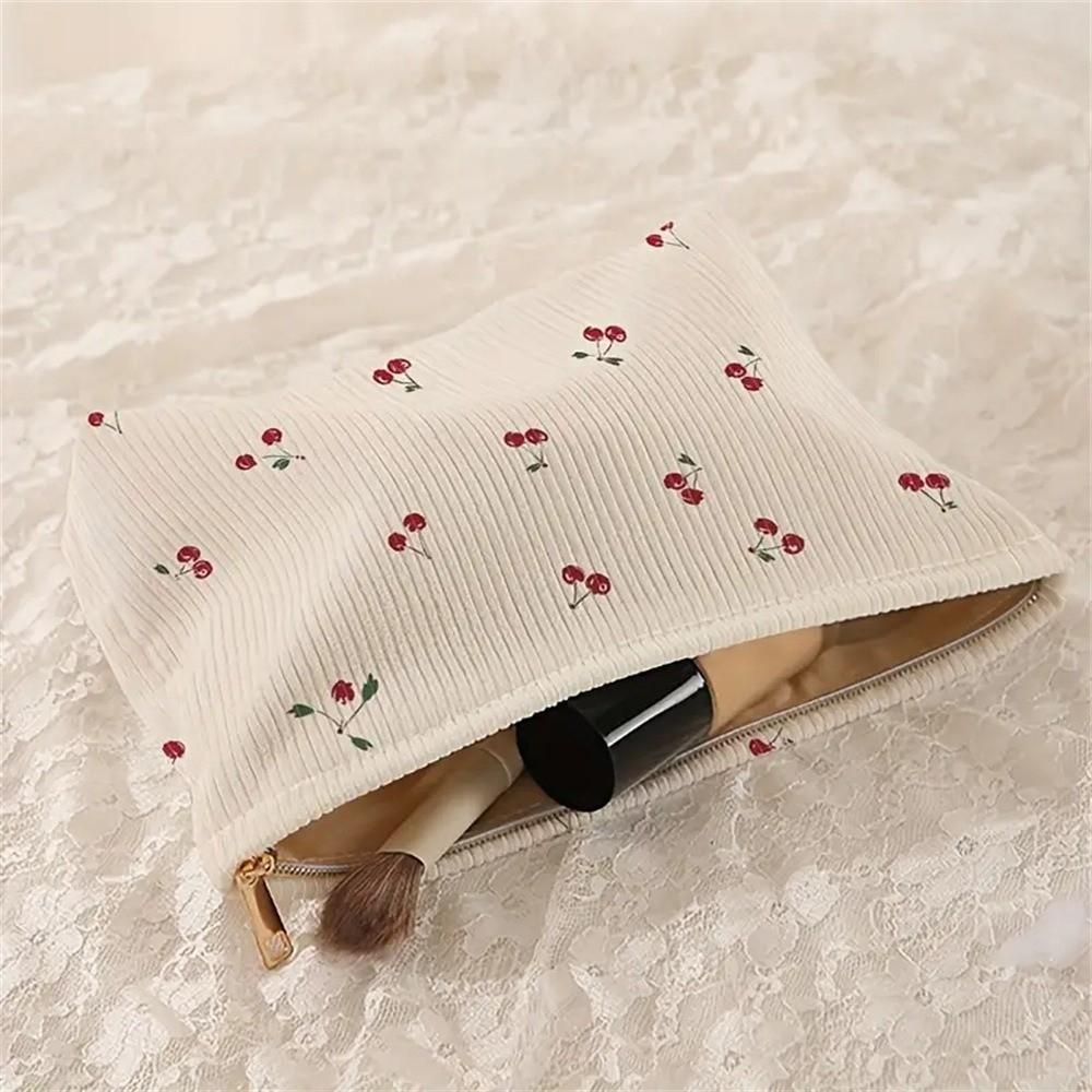 Durable Lightweigh Cherry Makeup Bag Corduroy with Lining Zipper Makeup Storage Box Portable Multifunctional Bag Daily Use