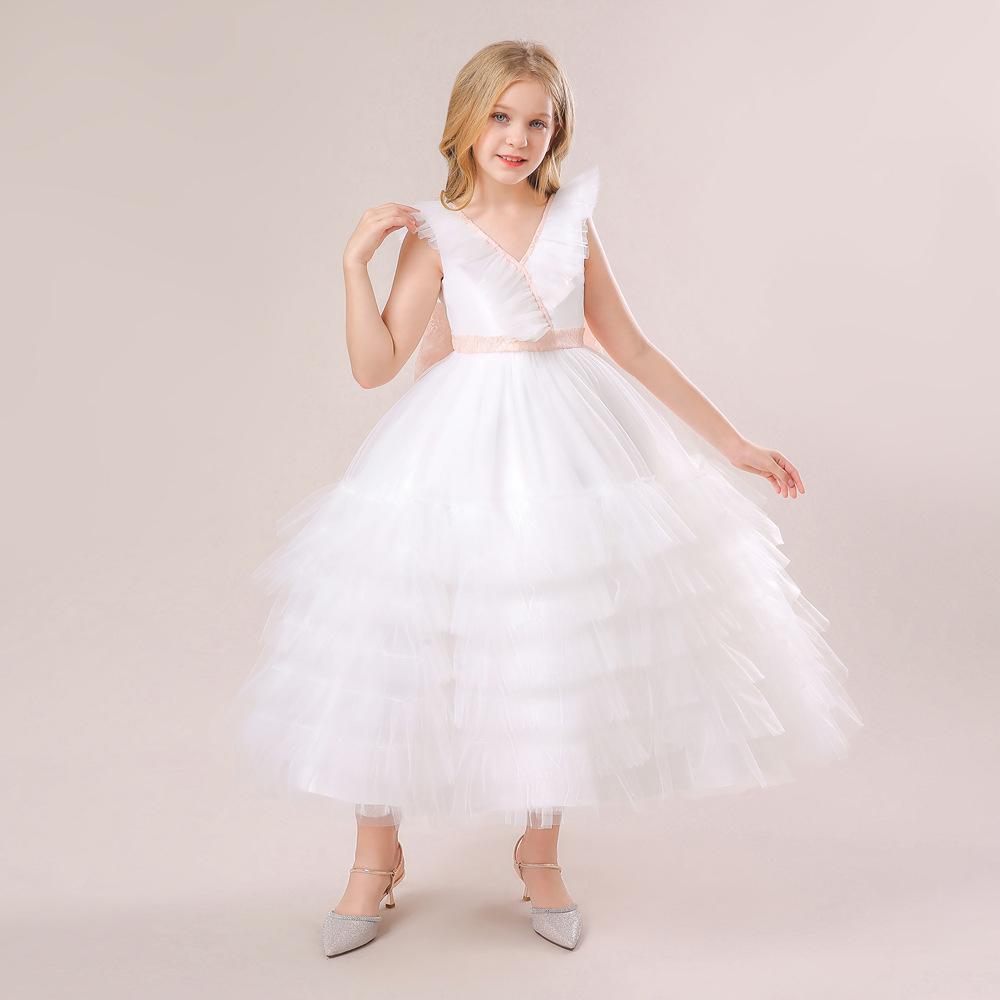 Children's Puffy Tulle V-Neck Princess Dress with Bow Skirt