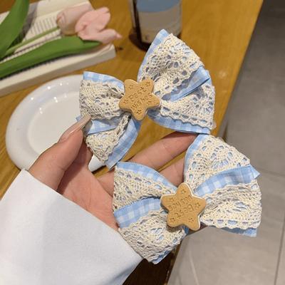 Mädchen Haarspange Hohlspitze Spitze Doppel-Schicht-Design Blau kariert Holzstern Dekoration Haarspange College-Stil Haar-Accessoire