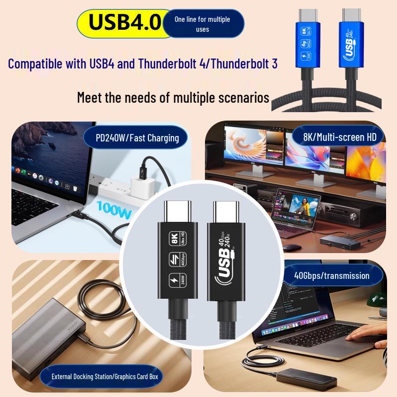 USB4 Thunderbolt 4 Type-C Data Cable, 240W Fast Charge, 40Gbps Transfer, Dual-Headed