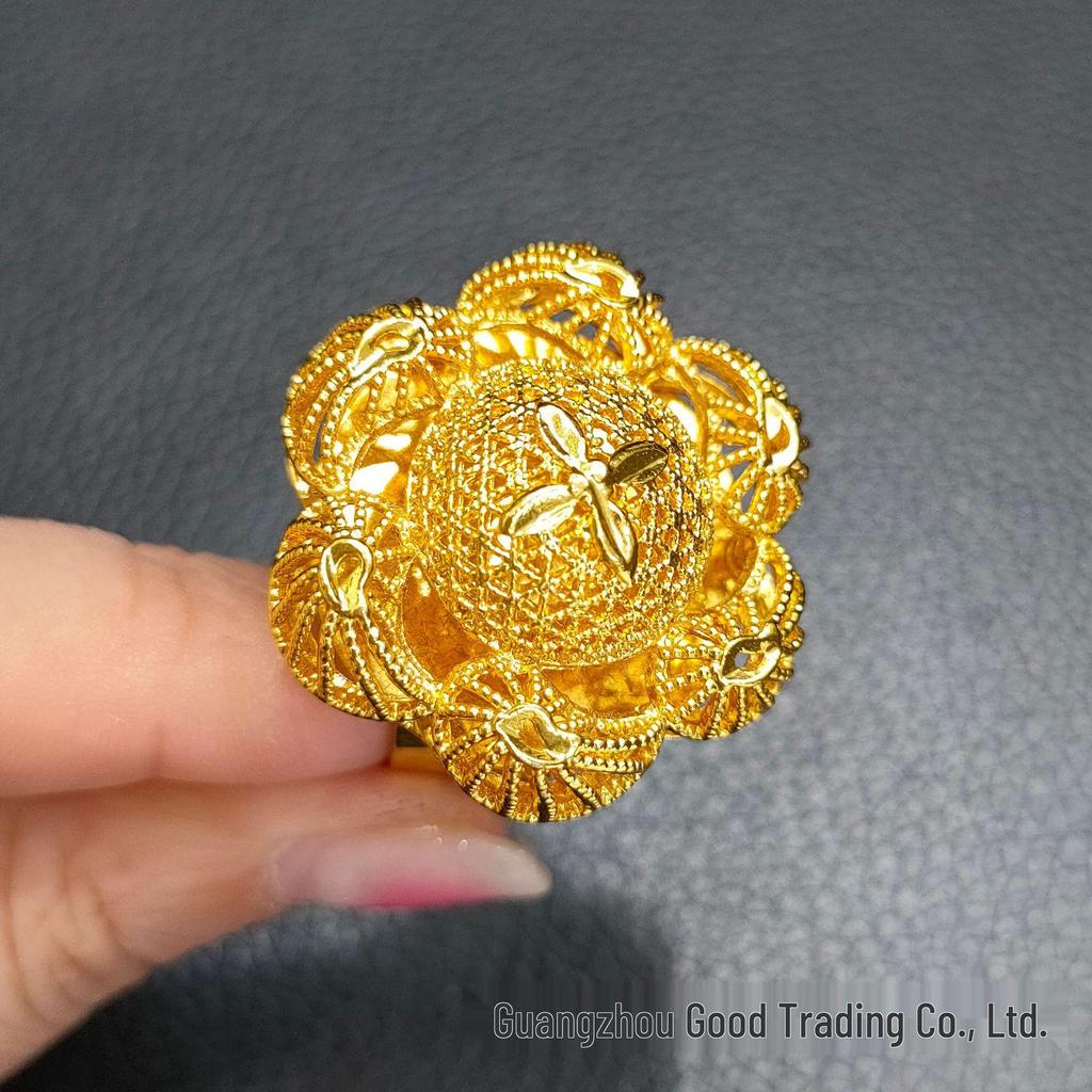 Dubai 24k Gold Filigree Flower Ring - Women's Wedding Jewelry for Global Elegance