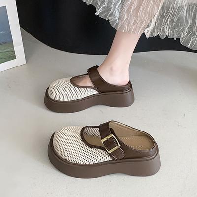 Hollow Mesh Half Slippers Women's Outer Wear 2025 New Summer Fashion Mary Jane Single Shoes Platform Muffin Hole Shoes
