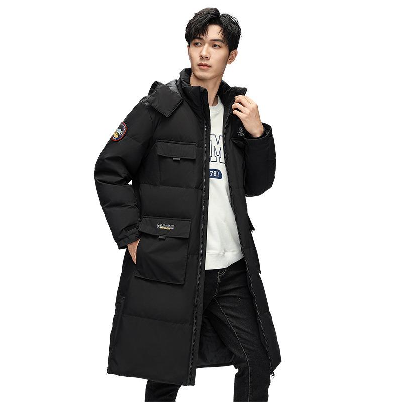 Down jacket men's medium and long white duck down hooded jacket winter trendy brand large size couple thickened warm coat men
