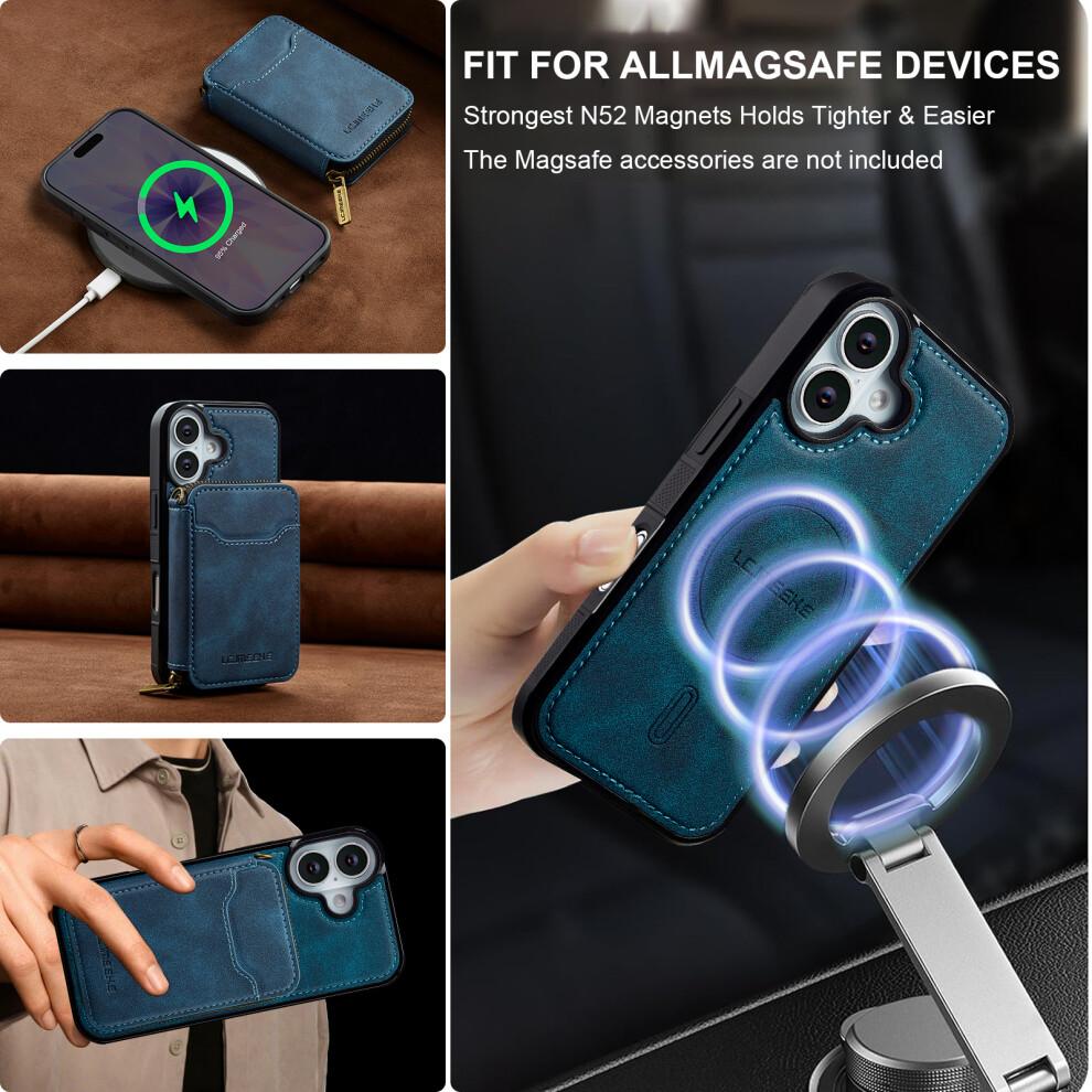 (iPhone 16 Plus, Blue) For iPhone 16 Plus Magnetic Case Detachable Zipper Wallet Leather Coated PC+TPU Phone Cover