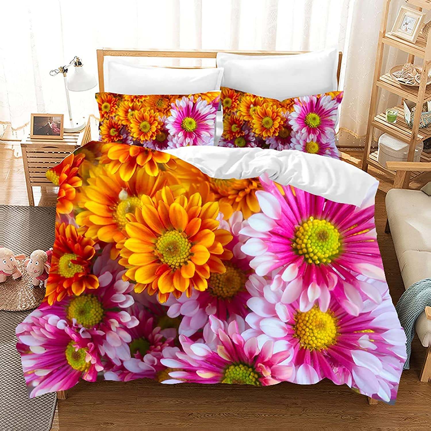 

Chrysanthemum Comforter Cover Package Colourful Flower Design Sturdy Polyester Comforter Cover Designed for Kids Girls Sleep Bedding Package King EU single(135x200cm)